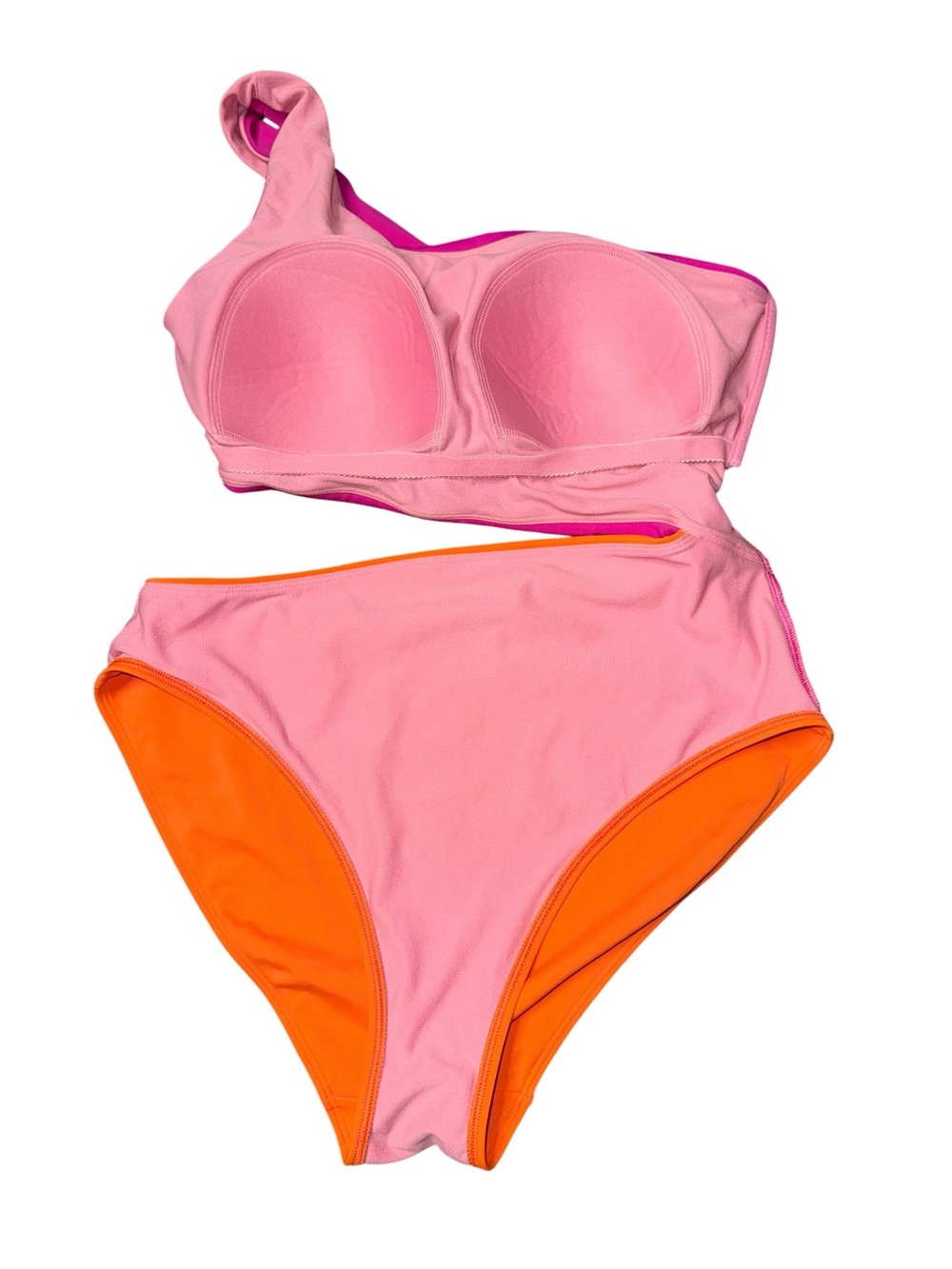 Boden One Shoulder Cut Out Swimsuit Hot Pink Bright Orange Colorblock Sz 12 - Picture 6 of 11